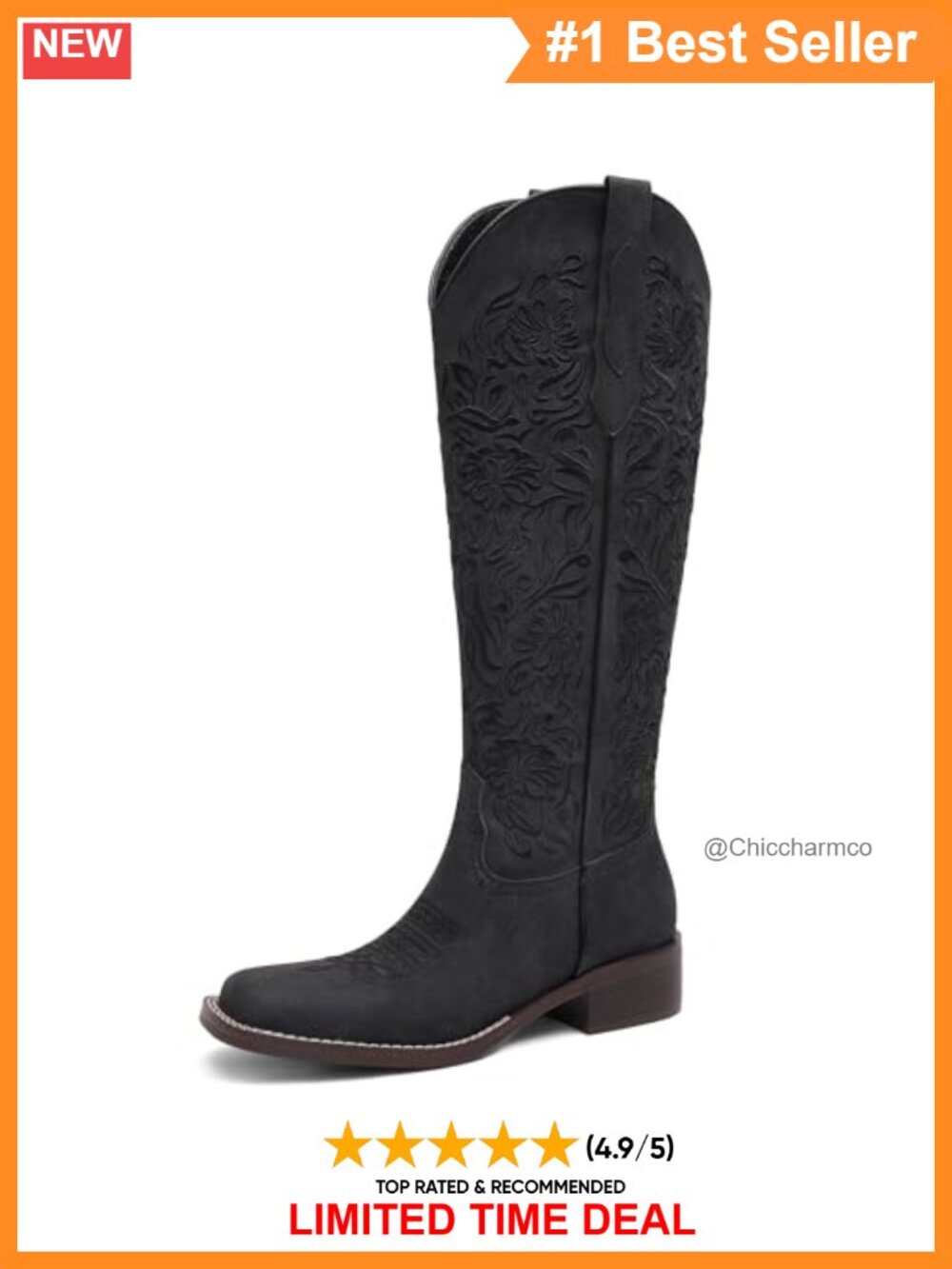Embroidered Knee High Cowboy Boots Square Toe Low Block Heel Pull On
